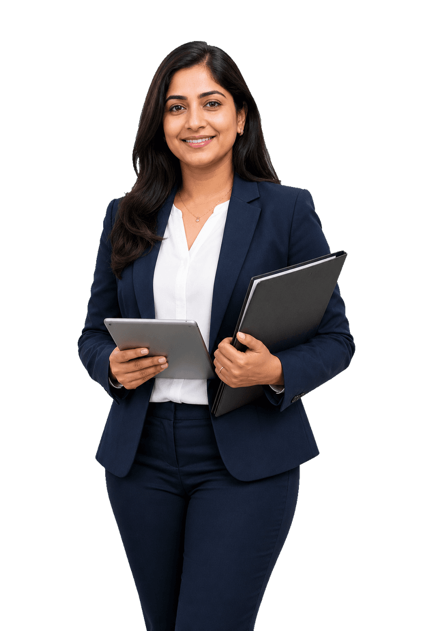 Indian woman hiring manager holding a tablet and recruitment folder