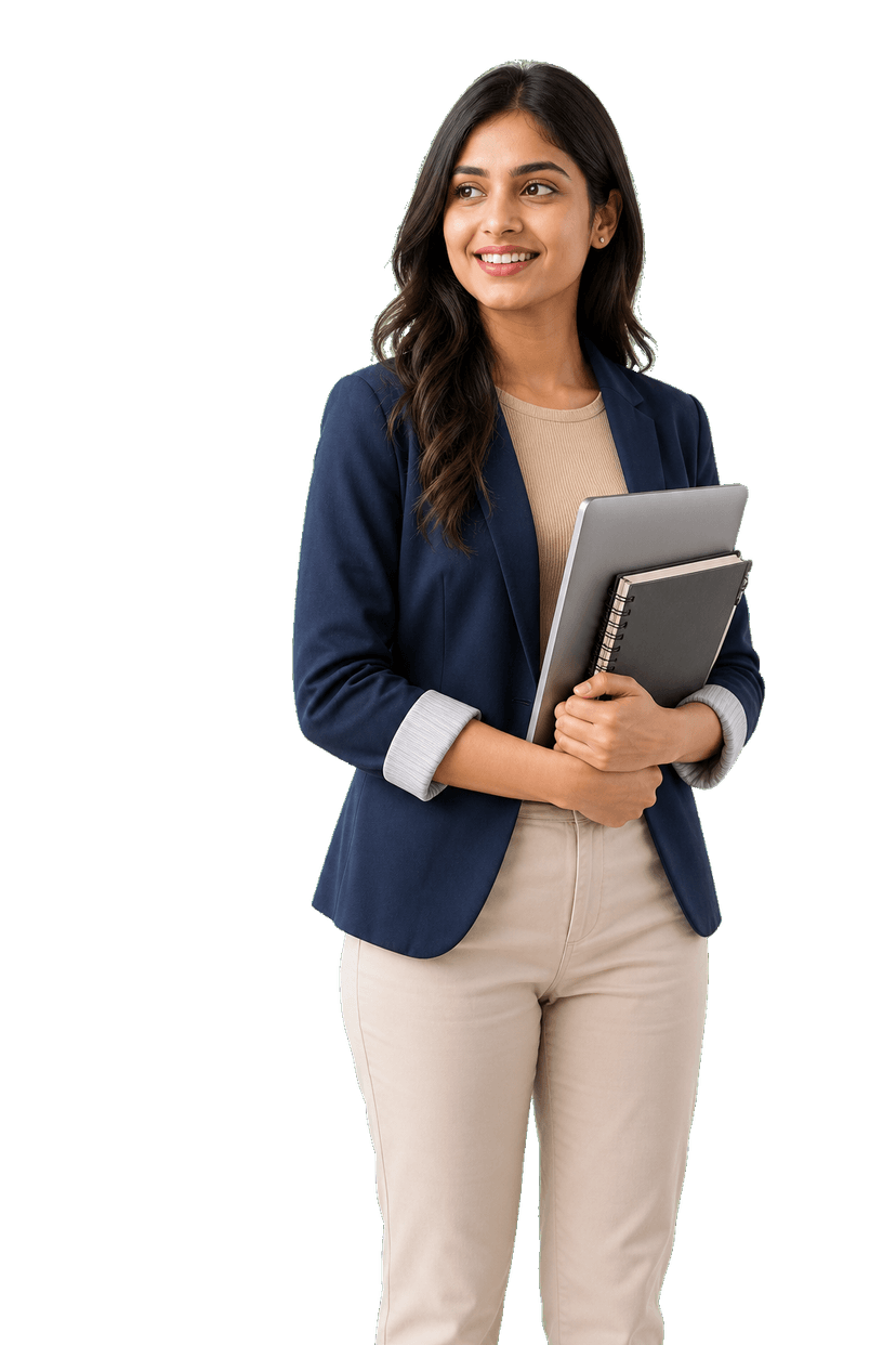 Young Indian professional woman holding a notebook and tablet for job registration