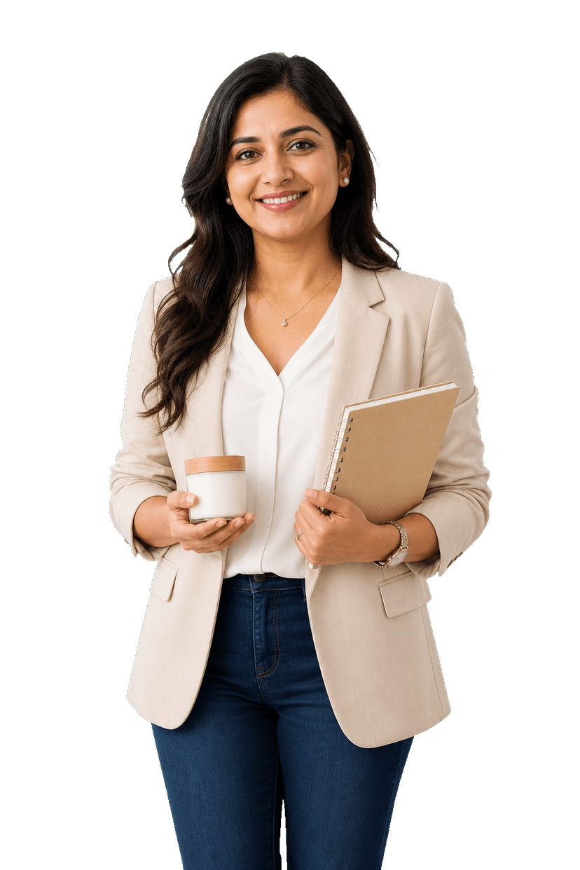 Indian woman entrepreneur holding a notebook and small product sample