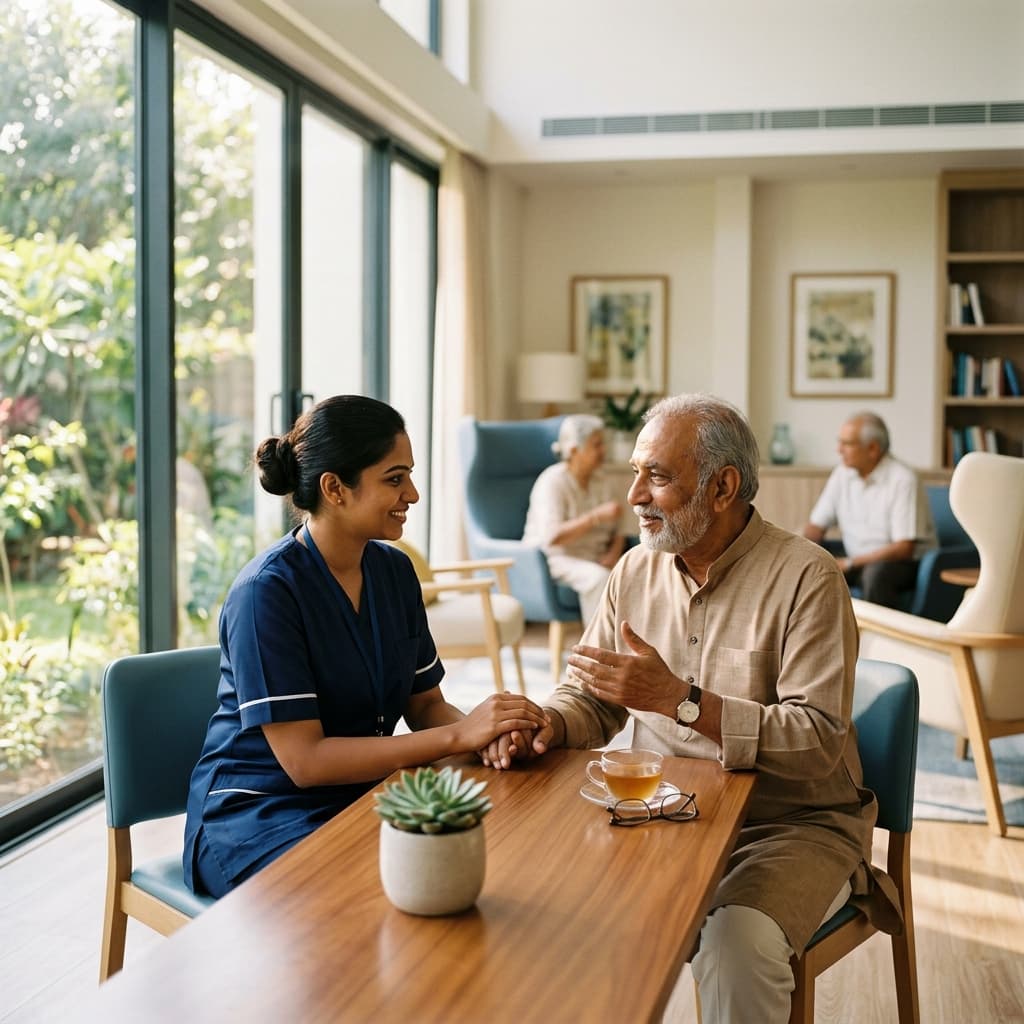 Professional caregiver interacting respectfully with a senior citizen
