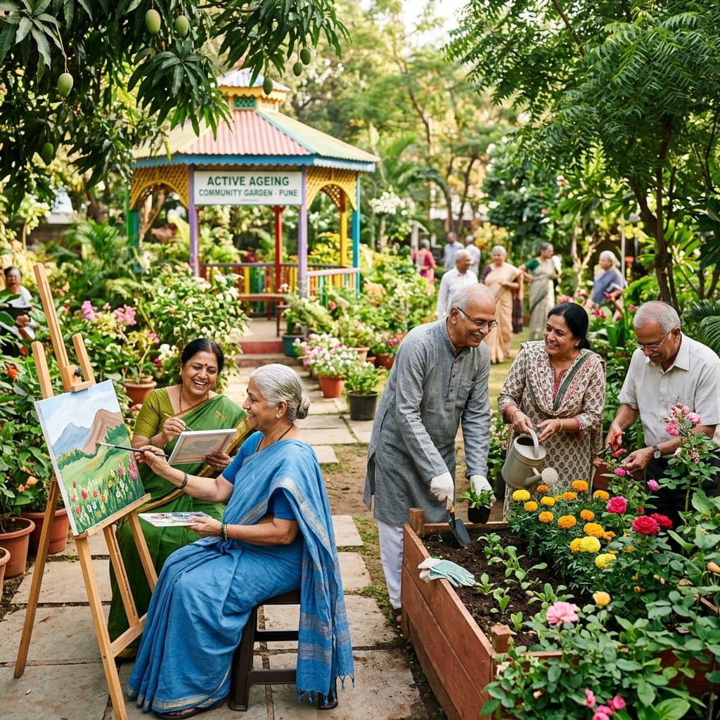 Senior citizens enjoying hobbies like reading, music and gardening