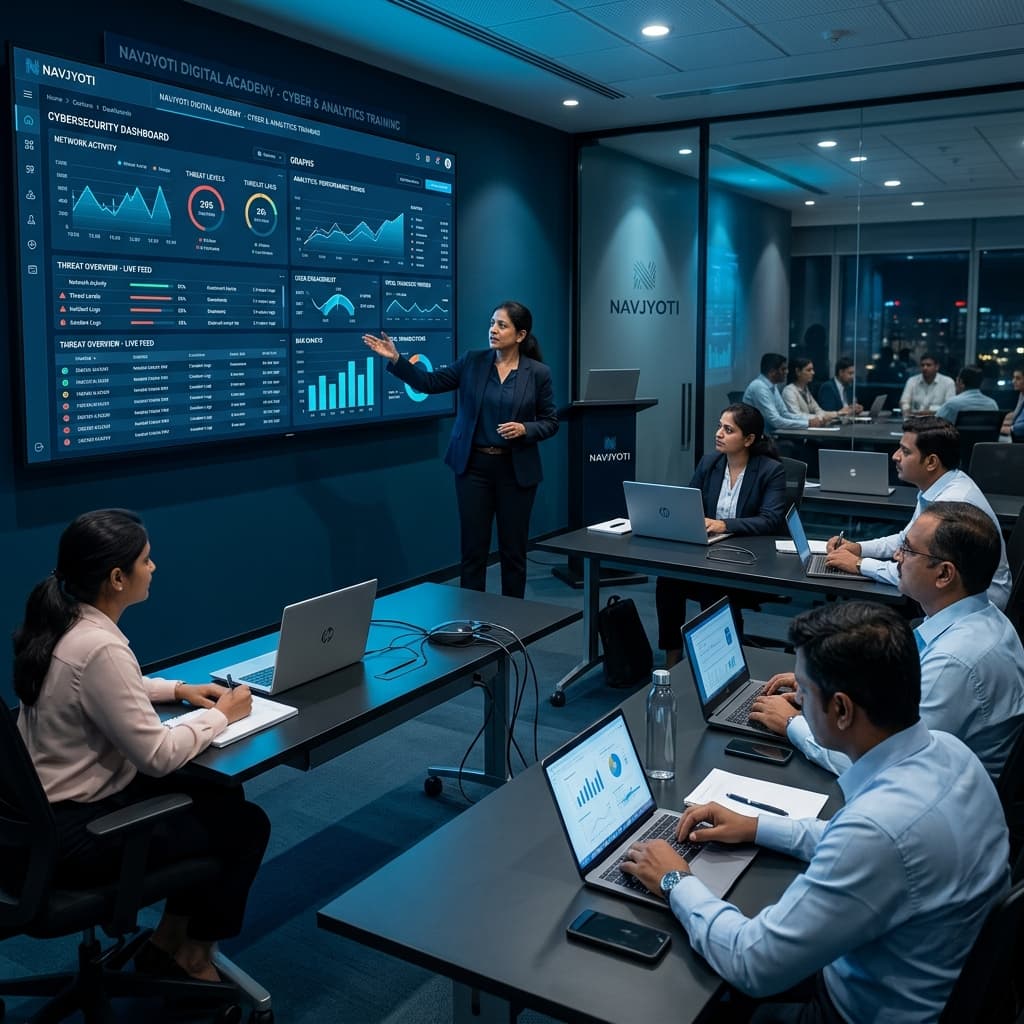 Trainer presenting complex data analytics and cybersecurity dashboards