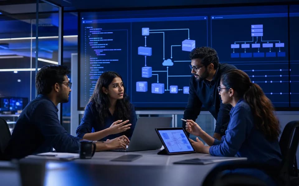 Software development team reviewing application architecture and deployment workflow