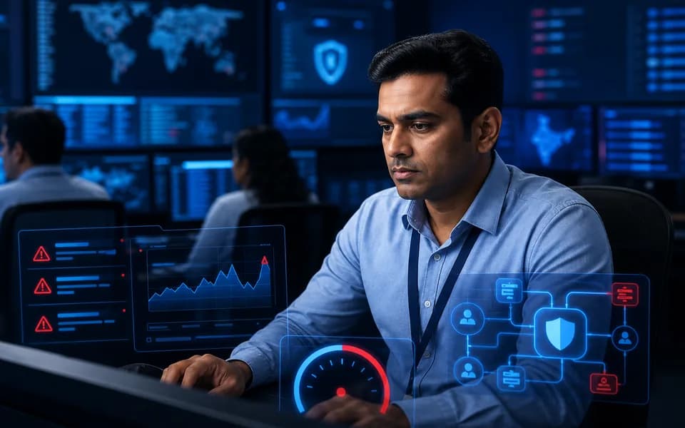 Cybersecurity analyst monitoring security alerts risks and protected systems