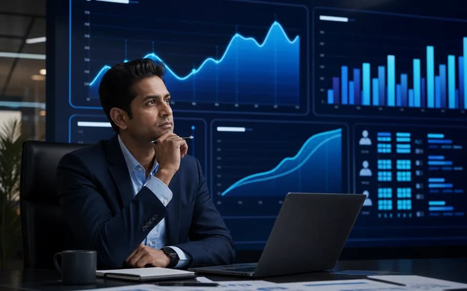 Business analyst reviewing revenue trends KPIs and operational dashboards