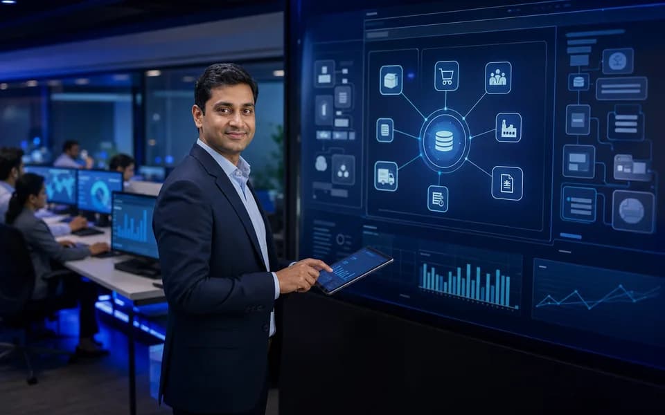 Operations professional reviewing finance inventory and procurement through an ERP platform