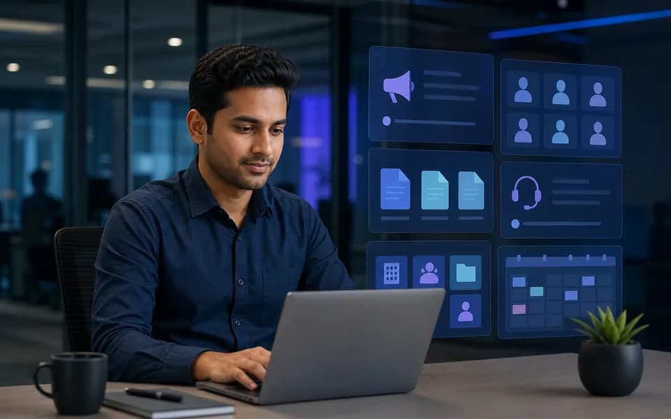 Employee using an internal business portal for announcements documents and support