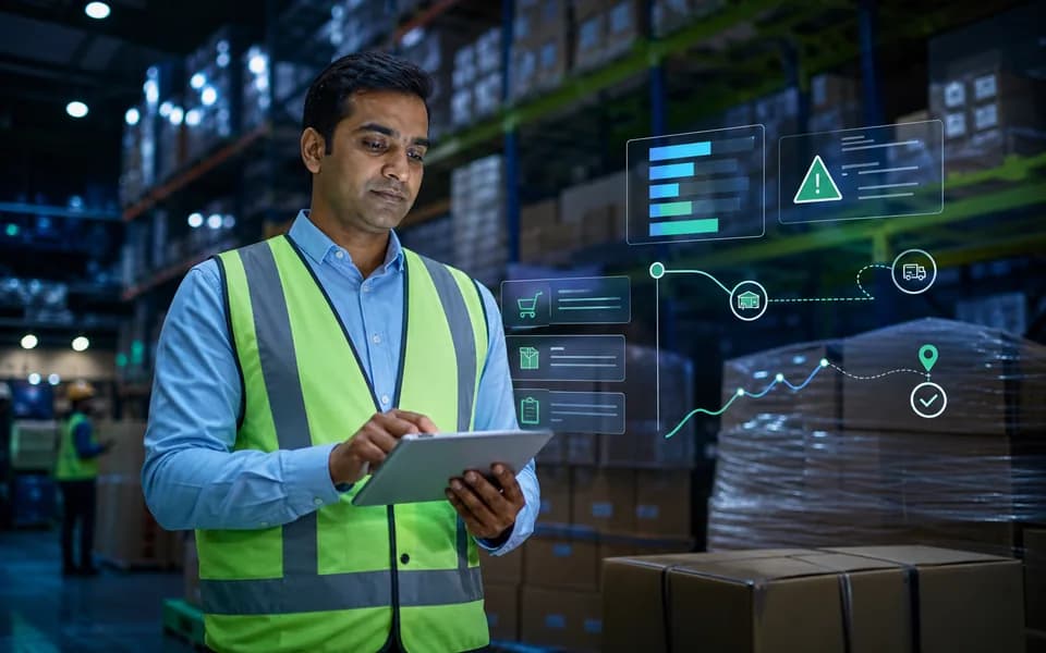Warehouse manager reviewing stock purchase orders and dispatch operations on a tablet