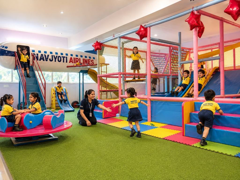 Structured early-learning classroom showing different children learning age-appropriate skills