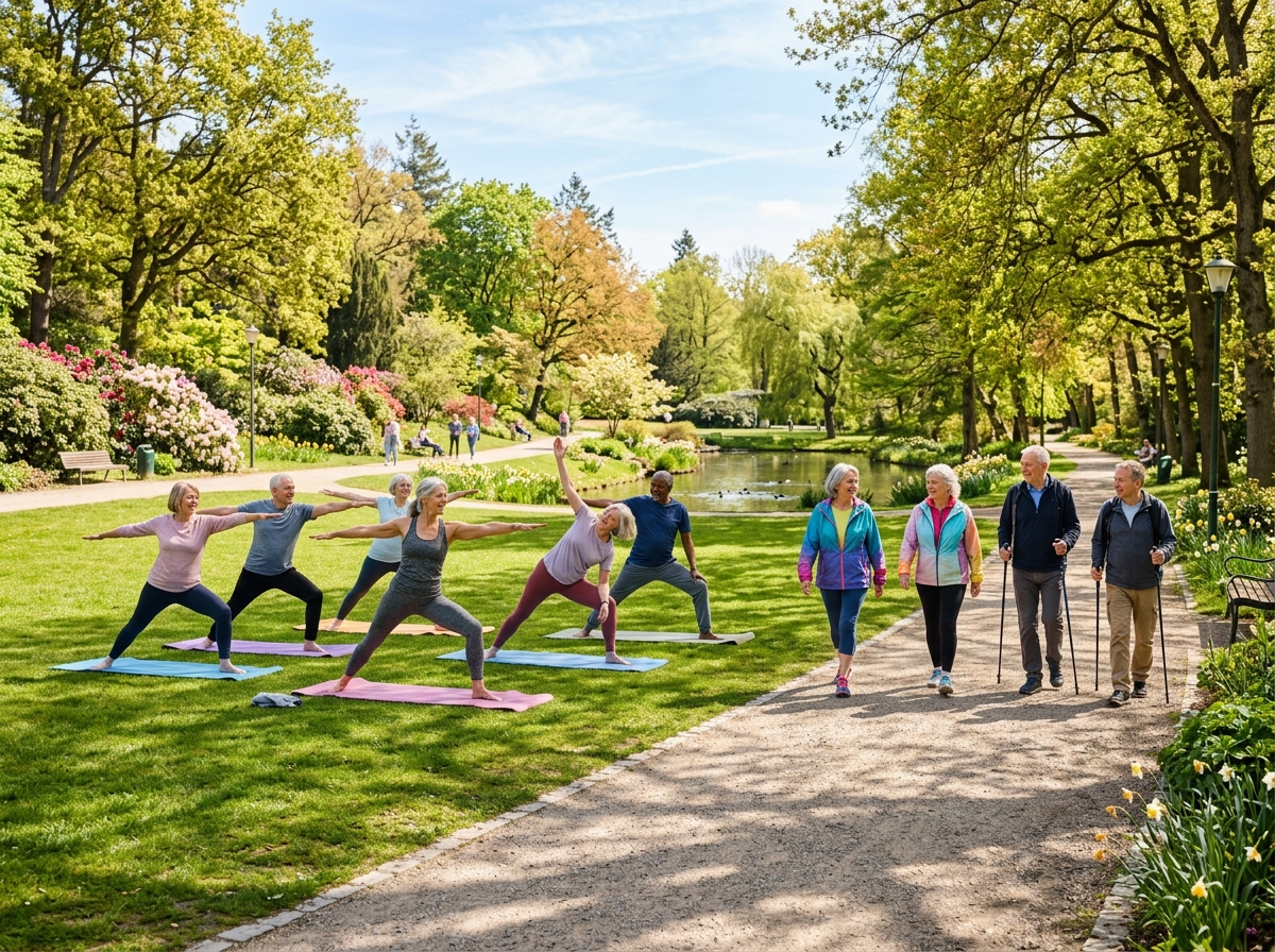 Active older adults doing gentle yoga in a beautiful park